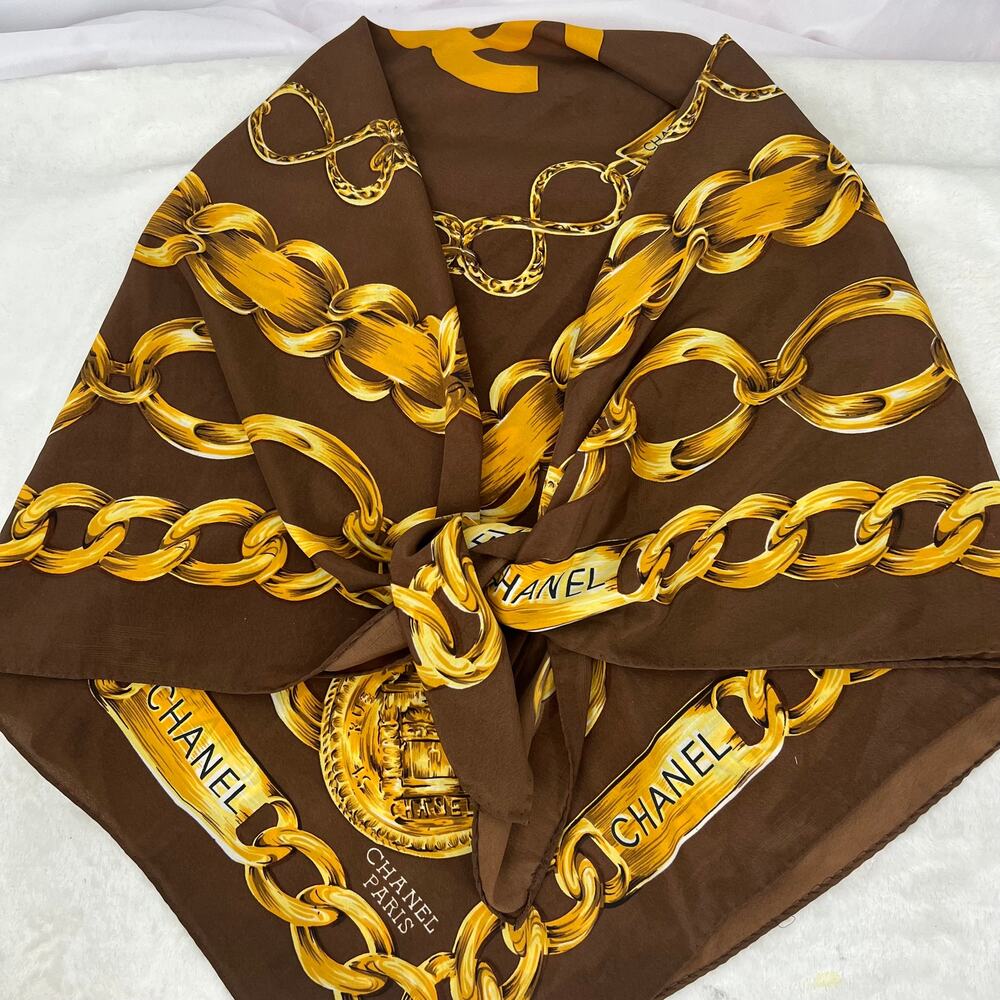 CHANEL PARIS Brown/Gold Silk Scarf Chain Print  34" Square   Luxury  Old Money - Picture 2 of 3
